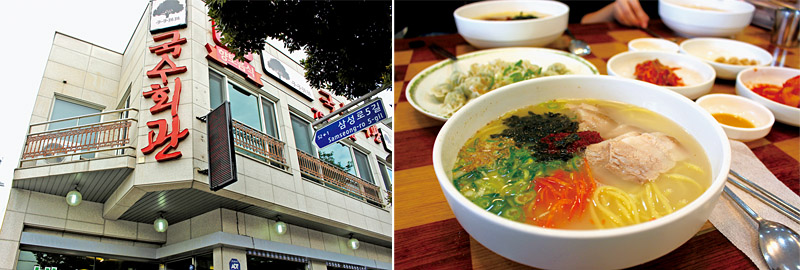 [左圖]著名豬肉湯麵三代麵館。[右圖]豬肉湯麵是濟州7大美食之一