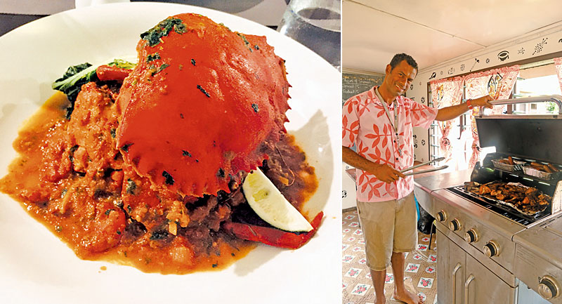 [左圖]在斐濟的海鮮相對便宜又新鮮。[右圖]村長與其夫人為大家料理午餐