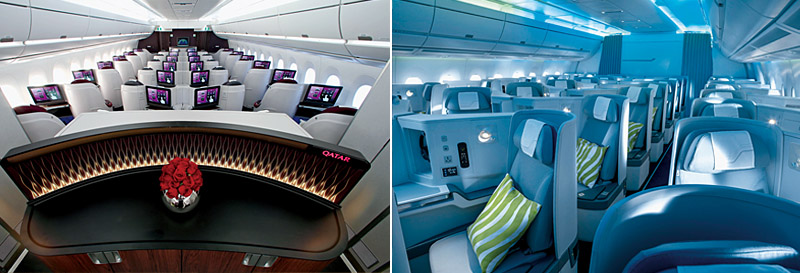 [左圖]卡達航空A350商務艙座位配置。[右圖]芬航A350座艙強調北歐風設