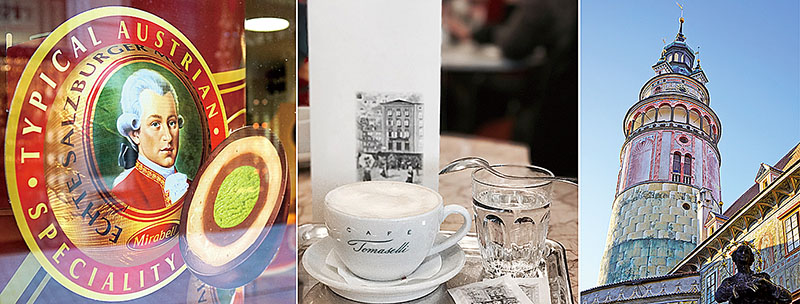 [左]薩爾茲堡（Salzburg）、[中]銀盤或鐵盤上擺著咖啡、糖包，以及上方擺著銀湯匙的水杯是奧地利獨有的傳統、[右]城塔（Hradek）又被稱為彩繪塔，是庫倫諾夫最古老的建物之一