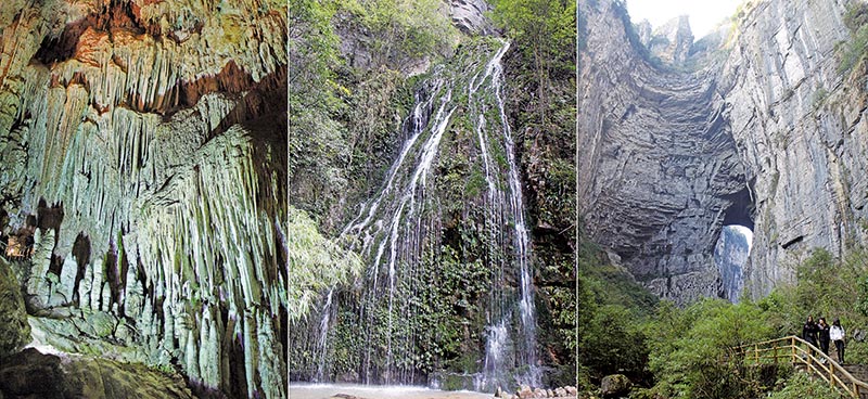 [左]造型特異的鐘乳石和石筍，是芙蓉洞之所以聞名的原因。[中]岩溶瀑布是喀斯特地形的特色之一，也出現在天生三橋風景區中。[右]天生三橋中的「黑龍橋」是全世界最大的天然橋