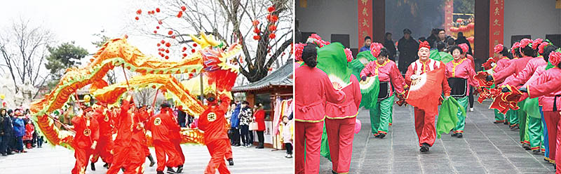 [左]清明上河園的春節舞龍、[右]洛陽關林的節慶表演充滿地方特色