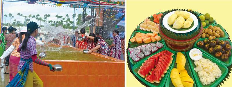[左圖]泰國風情園內的潑水節大快人心。[右圖]水果風情園的水果讓您享用不盡