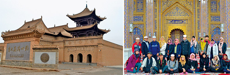 [左圖]學生戴帽著頭紗，參觀回鄉文化園「金色禮儀大殿」，聽邦克。[右圖]獨特漢式廟宇建築的同心清真大寺。