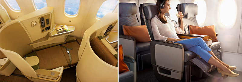 [左圖]越航A350全平躺商務艙。[右圖]新型態的客機提供旅客更舒適的飛航體驗，圖為新航的優選經濟艙