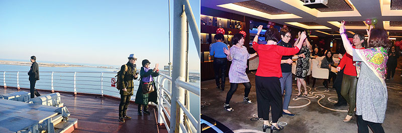 [左]船頭甲板望向海的自然風光動人、[右]歡迎晚宴現場氣氛熱絡