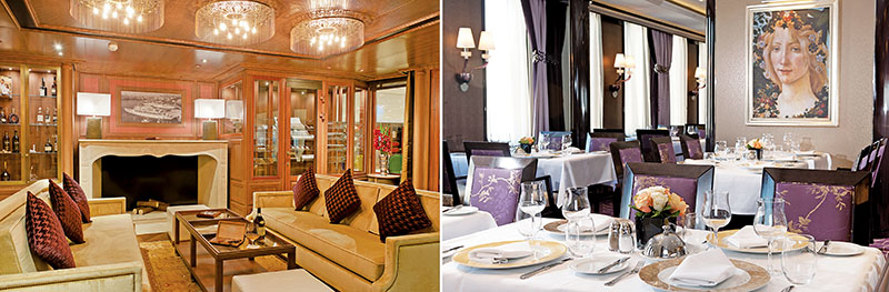 [左]歌詩達新浪漫號上的雪茄吧典雅時尚、[右]新浪漫號的餐廳設計古樸典雅
